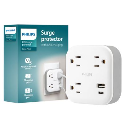 Philips EZFit 3-Outlet Surge Outlet Extender with USB, 1 USB-A, 1 USB-C, Adapter Spaced, Charging Station, 12W, 980 Joules, White - SPP9393W/37