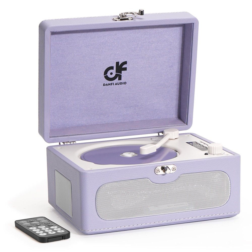 Rechargeable CD Player with Upgraded Speakers Bluetooth Transmitter USB Input Purple Leather Music Box for Home Decor