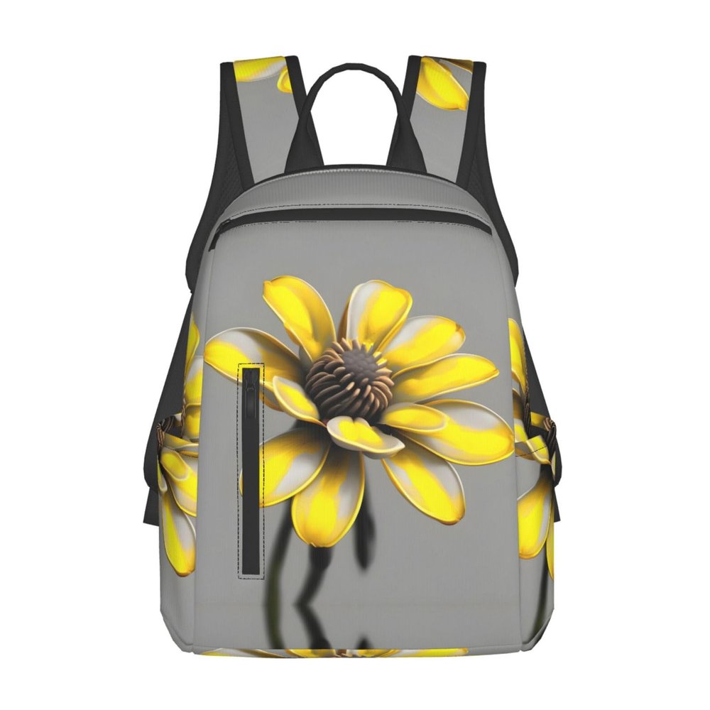 Yellow Gray Flower Print Lightweight Backpack, Travel Bookbag College Bag,Laptop Backpack For Men Women