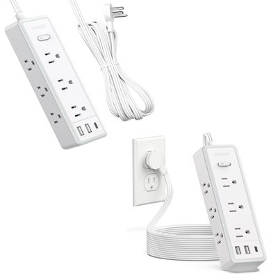 Flat Extension Cord 15 FT+5FT Surge Protector Power Strip with 9 Widely Outlets and 3 USB Ports (1 USB-C), Flat Extension Cord with Multiple Outlets, 1080 Joule, Wall Mount, for Home Office, Dorm