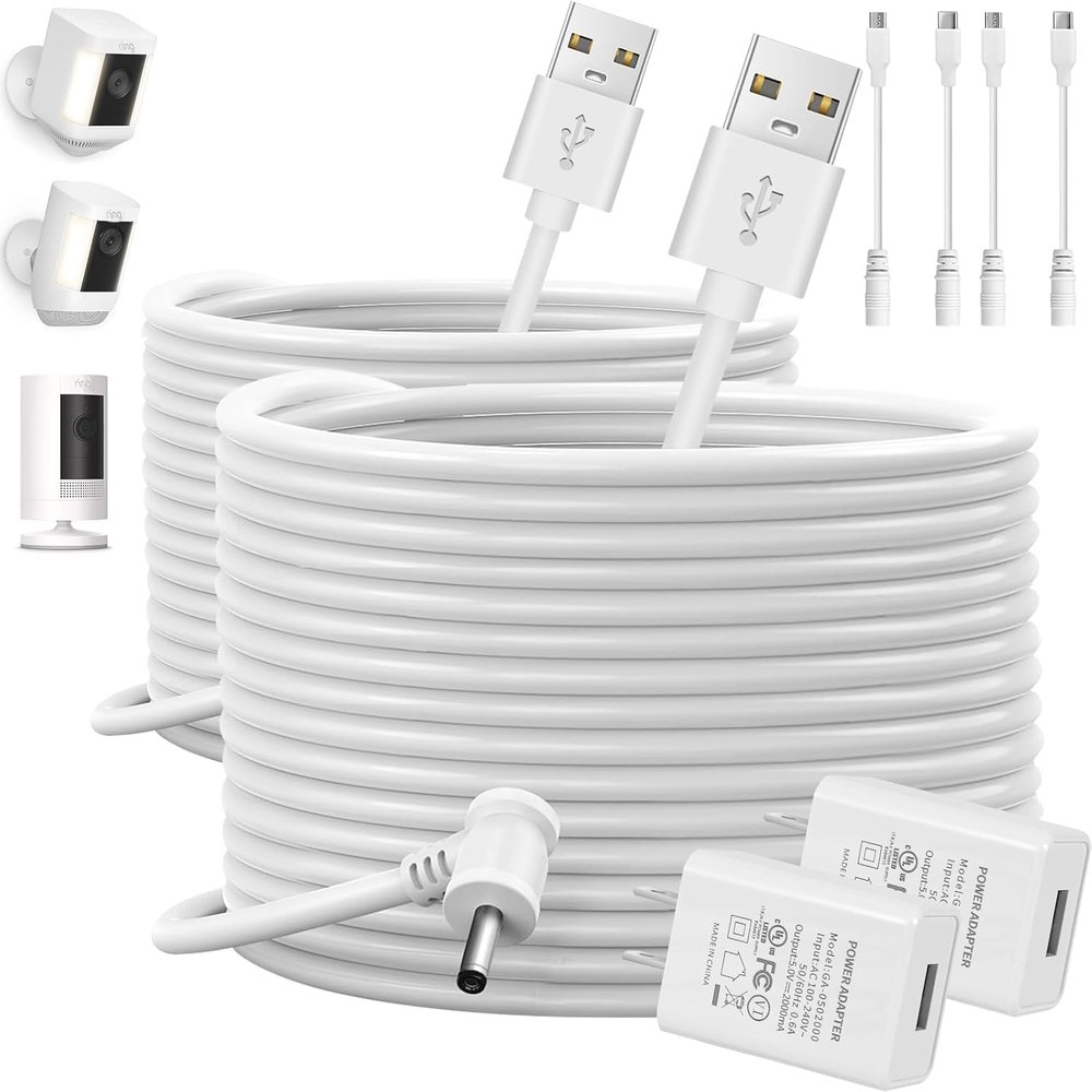 26FT Charge Cords with Quick 2A Power Adapter for Ring Camera Battery Indoor Outdoor Charging Cable for Ring Stick Up Cam Battery Spotlight Cam Pro Power Electronic Cable(White,2 Pack)