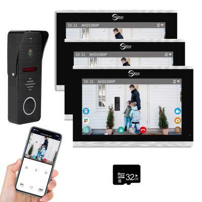 Wired Video Doorbell Apartment Intercom System with 1080P HD Camera,10 Inch Touch Monitor,TUYA WiFi Smart Home Video Intercom Door Phone Kits for Home Villa,32G (1 doorbell+3 Monitor)