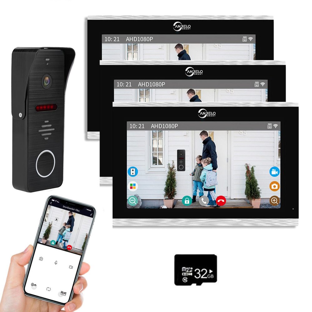 Wired Video Doorbell Apartment Intercom System with 1080P HD Camera,10 Inch Touch Monitor,TUYA WiFi Smart Home Video Intercom Door Phone Kits for Home Villa,32G (1 doorbell+3 Monitor)