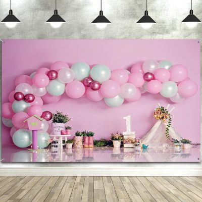 12X10ft Happy 1st Birthday Backdrop for Girl, Pink Balloon Birthday Background Sweet Birthday Photography Background Banner, Girls Birthday Party Background Decoration Photo Studio Prop