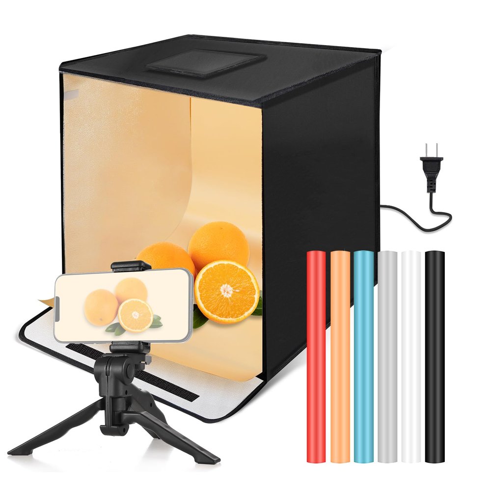 Andoer Photo Studio Light Box, 15"x15"x15" Foldable LED Light Tent Desktop Photo Studio Light Box Softbox 3200K-5500K Stepless Dimmable 168pcs Beads with 6pcs Color Backdrops LED Light Boards Tripod