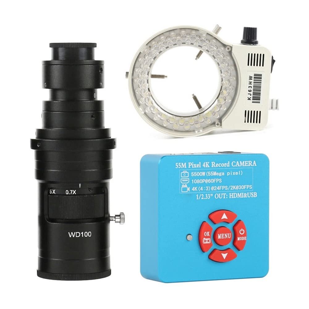 JOEBO Microscope Kit 4K 1080P 60FPS 55MP HDMI USB Video Lab Microscope Camera C-Mount Lens LED Ring Light for PCB Mobile Repair Soldering Microscope Lens Adapters (Color : 200X Lens LED Light)