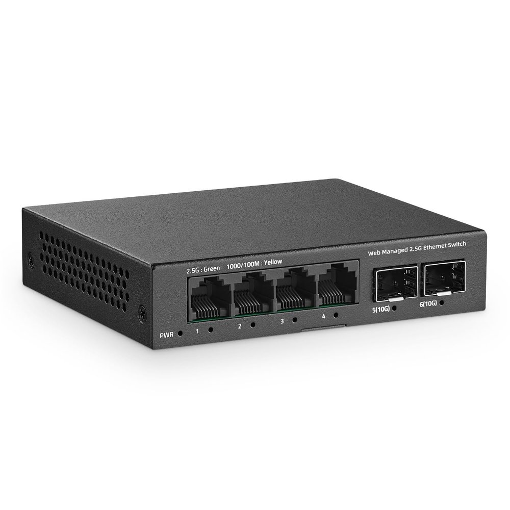 6 Port 2.5G Managed Switch, 4 x 2.5Gbps Base-T Ports and 2 x 10G SFP+ Slot, Support LACP/QOS/VLAN/IGMP, Mini Metal Fanless YuLinca 2.5Gb Easy Web Wallmount Switch