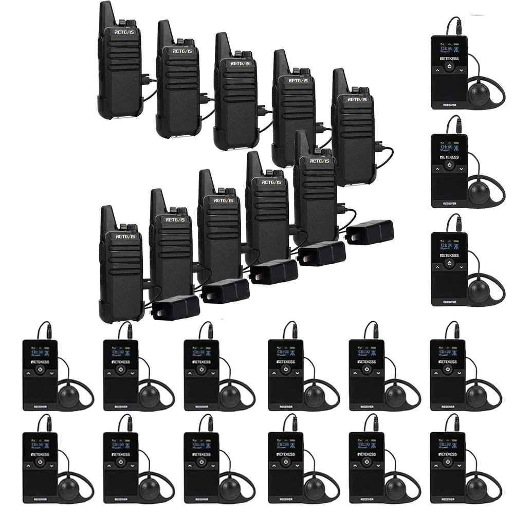 Retevis RT22 Walkie Talkies Rechargeable, Long Range Two Way Radio,2 Way Radio for Adults, Black,10 Pack, with Retekess TT116 Wireless Audio Tour Guide System
