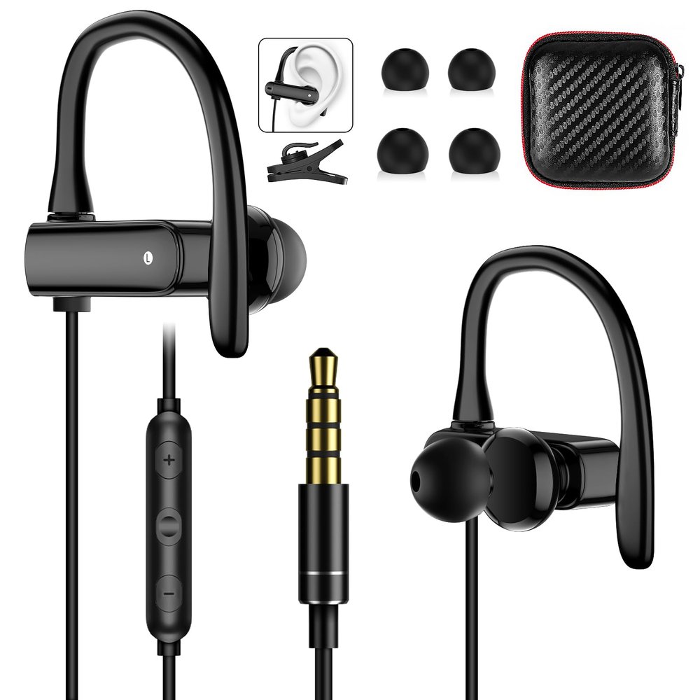 3.5mm Wired Headphones Over Ear Buds for School Earhook Wrap Around Corded Plug in Earphones Sport Running Workout Gym Earbuds Microphone for iPhone 6 6s Samsung/Galaxy A14 MP3 MP4 PC Laptop Computer