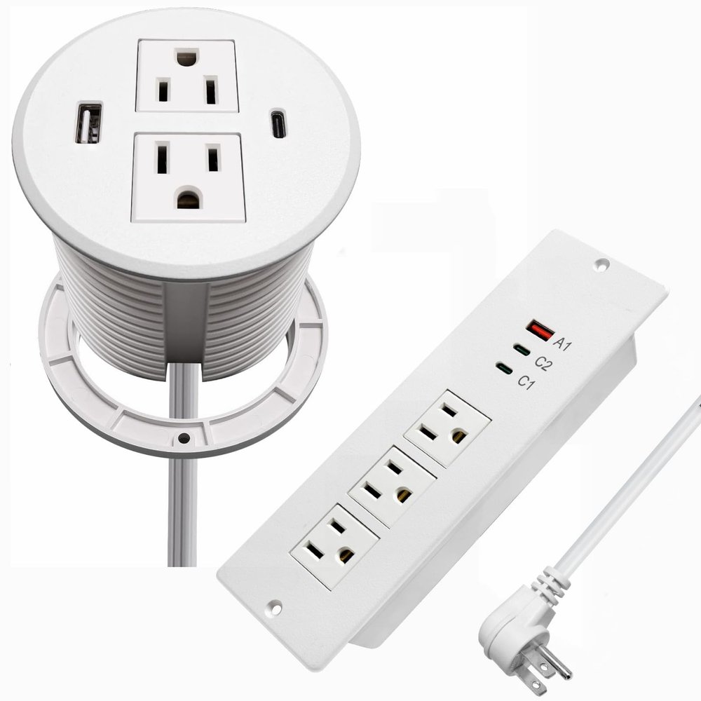 45W Recessed Power Strip USB C,Flush Mount Desk Power Outlets 3 AC Outlets 3 USB Ports Flat Plug Extension Cord Built in Sofa Table Cabinet Nightstand Couch White