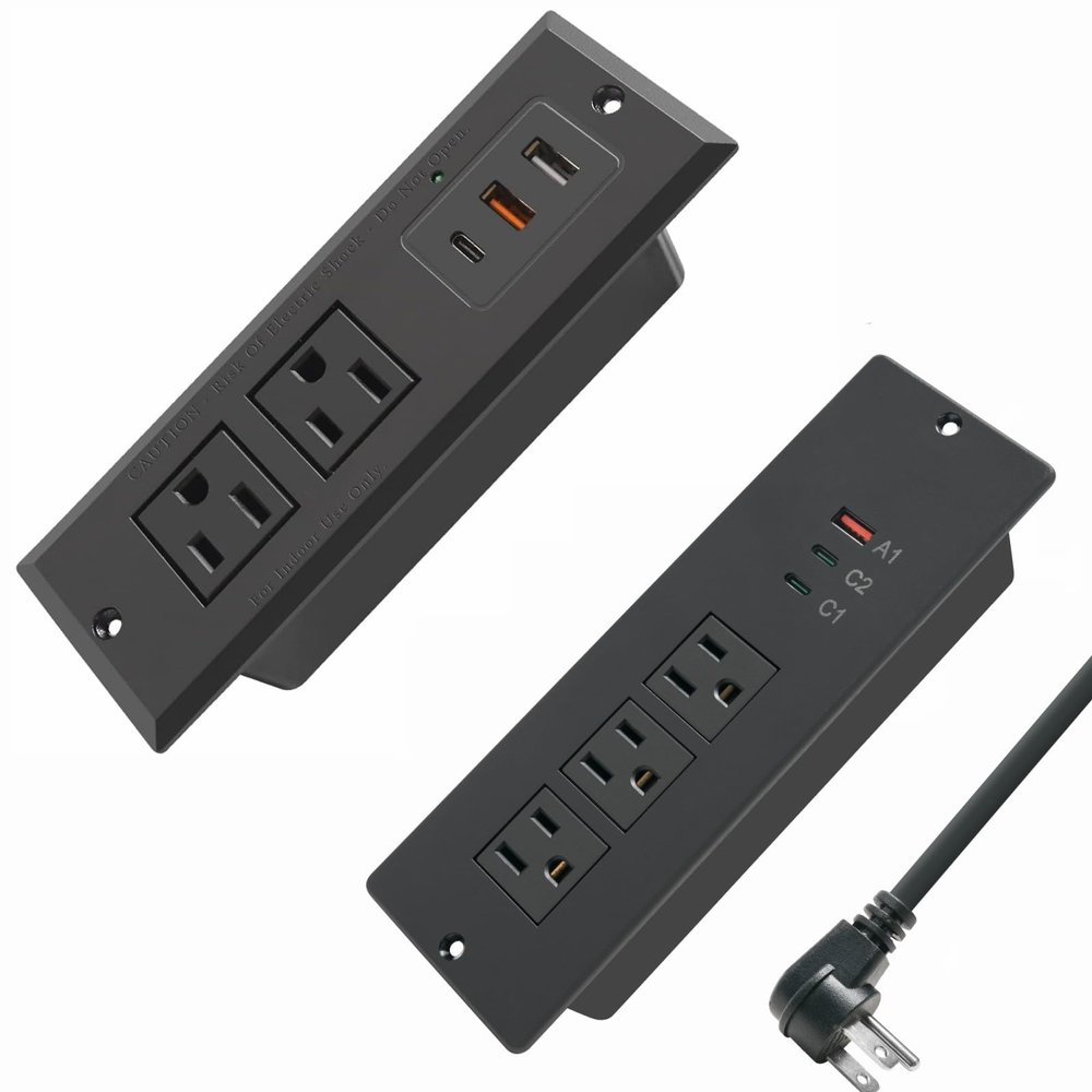 45W Recessed Power Strip USB C,Flush Mount Desk Power Outlets 3 AC Outlets 3 USB Ports Flat Plug Extension Cord Built in Sofa Table Cabinet Nightstand Couch Black