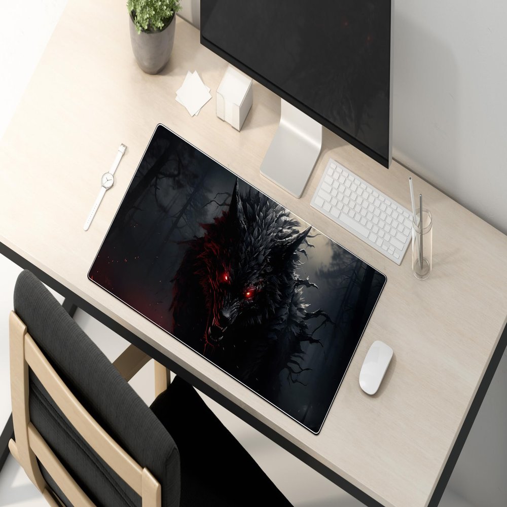Mouse Pad - Mad Wolf Gaming Desk Mat - Large Desk Pad - Extend Gaming Mouse Pad Wolf Themed Office Desk pad (31.5x11.8in)