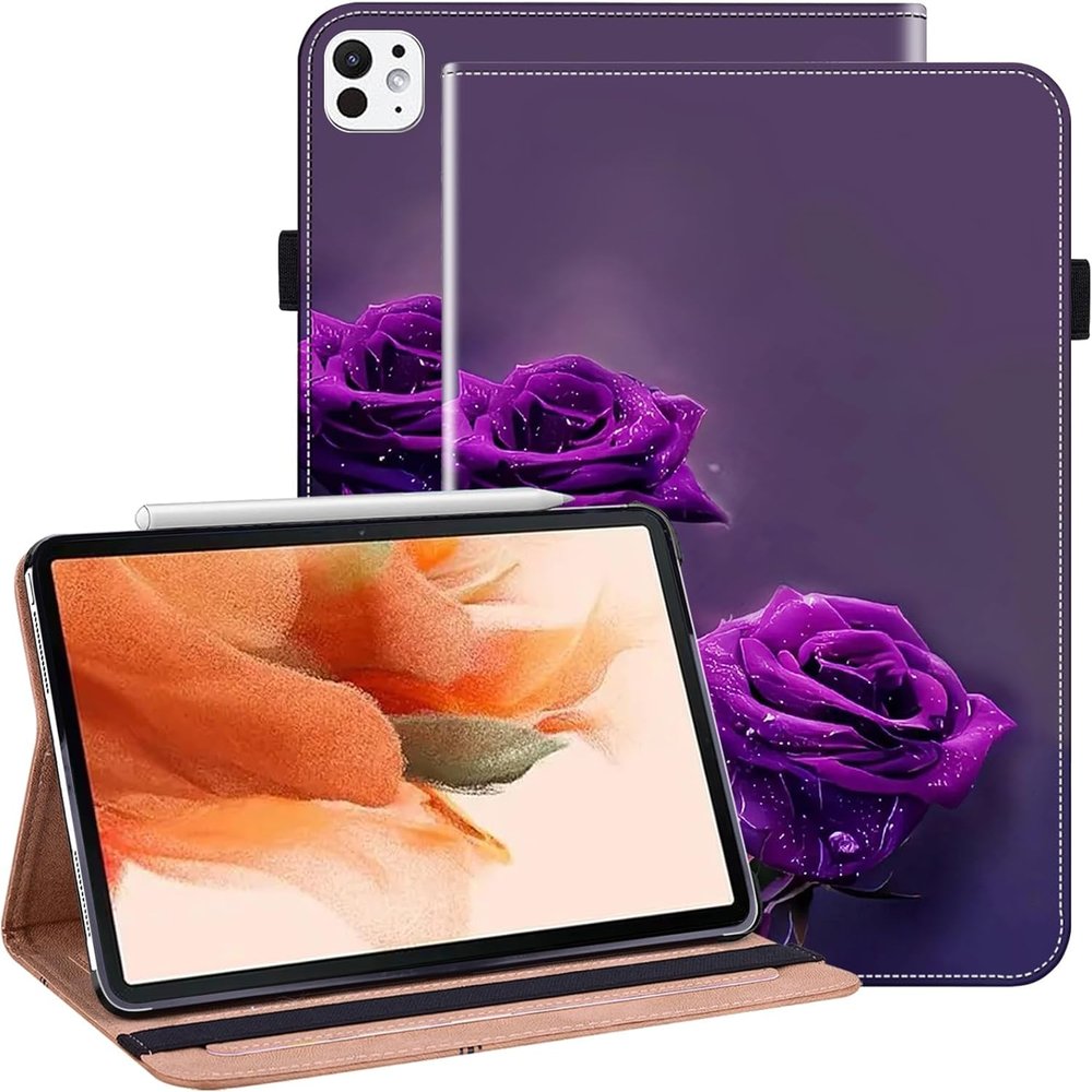 ALILANG Case for iPad Pro 11 Inch M5/M4 2025/2024 (6th/5th Generation) with Auto Sleep/Wake, PU Leather Shockproof Folding Stand Cover with Card Holder and Pen Holder -Purple Rose