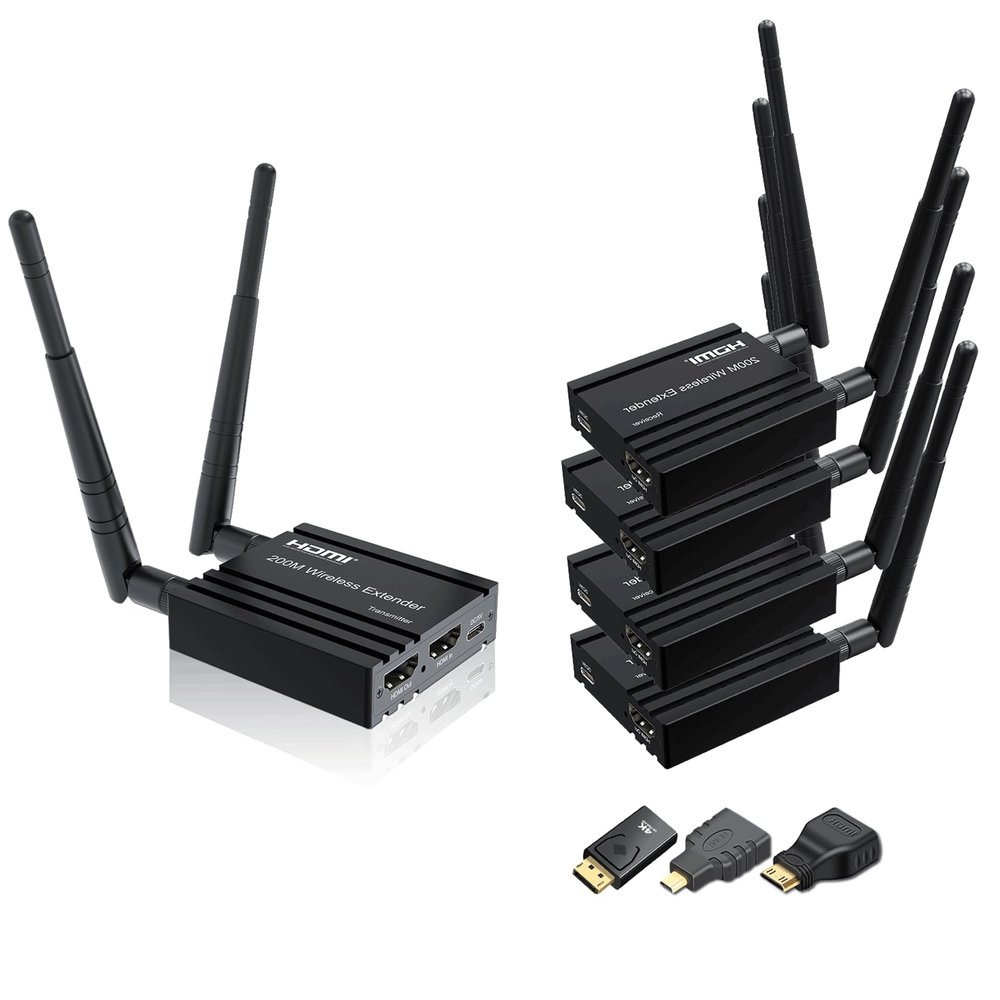 RIJER Wireless HDMI transmitter and Receiver 4k decoding, One Transmitter and four Receivers, Long Range Wireless Transmission 656FT/200M,Plug-Play, 2.4/5.8G for PC/Laptop/TV to Monitor/Projector/HDTV