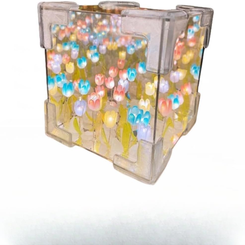 JKVPVANT Flower Tulip LampHandmade DIY Tulip Flower Magic Cube Mirror Night Light, Creative Gift for Teen Girls, Couple, Friends, Children (Multicolor)