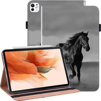 ALILANG Case for iPad Pro 11 Inch M5/M4 2025/2024 (6th/5th Generation) with Auto Sleep/Wake, PU Leather Shockproof Folding Stand Cover with Card Holder and Pen Holder -Black Horse