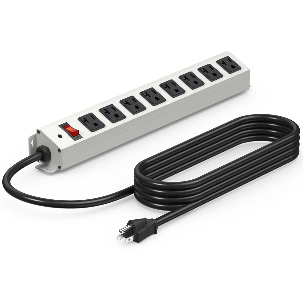 CCCEI Corner Mount Angle Power Strip, Under Cabinet Heavy Duty 8 Outlets Power Strip 20Amp, Metal Underneath Desk Plug Surge Protector, Wall Mountable, for Garage, Shop, Kitchen. 10FT Extension Cord.