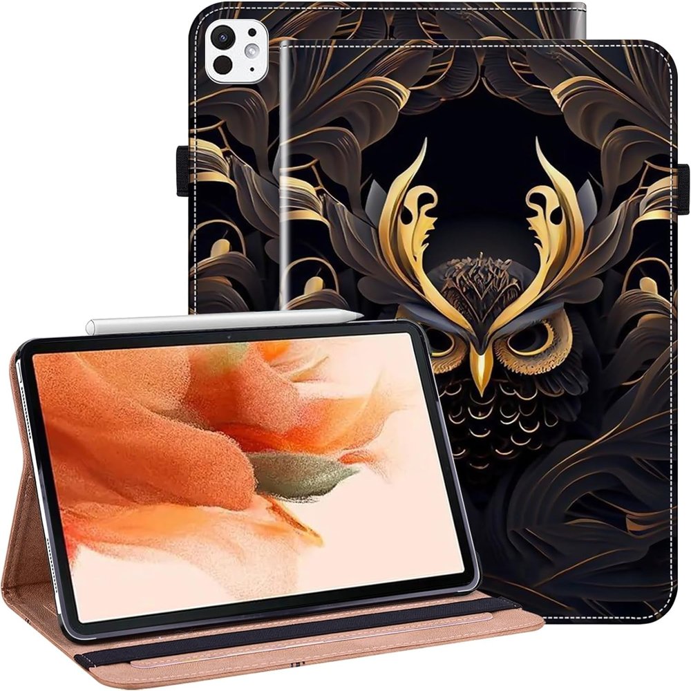 ALILANG Case for iPad Pro 11 Inch M5/M4 2025/2024 (6th/5th Generation) with Auto Sleep/Wake, PU Leather Shockproof Folding Stand Cover with Card Holder and Pen Holder -Owl