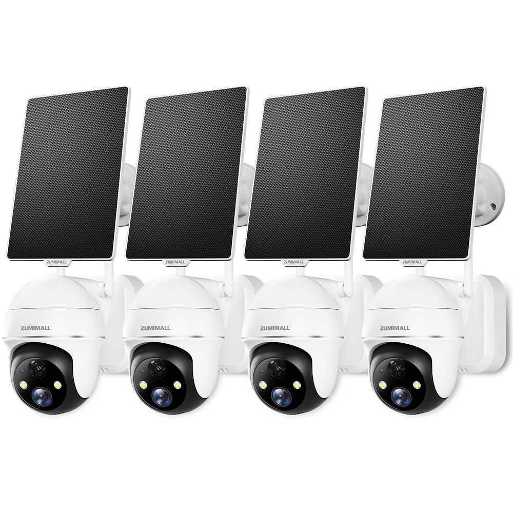 ZUMIMALL 2K Solar Security Cameras, 360 View Outdoor Camera Wireless Solar Powered, 2.4G WiFi Only, Spotlight/Siren/3MP Color Night Vision/2-Way Audio/AI Detection/IP66, Work with Alexa, 4-Pack