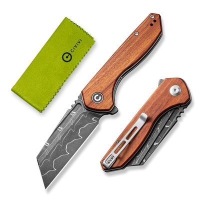 CIVIVI Pocket Knife for Men, ExOne Folding Knife with Flipper, 2.94" Damascus Blade Wood Handle for Perfect EDC Gift C23036-DS1