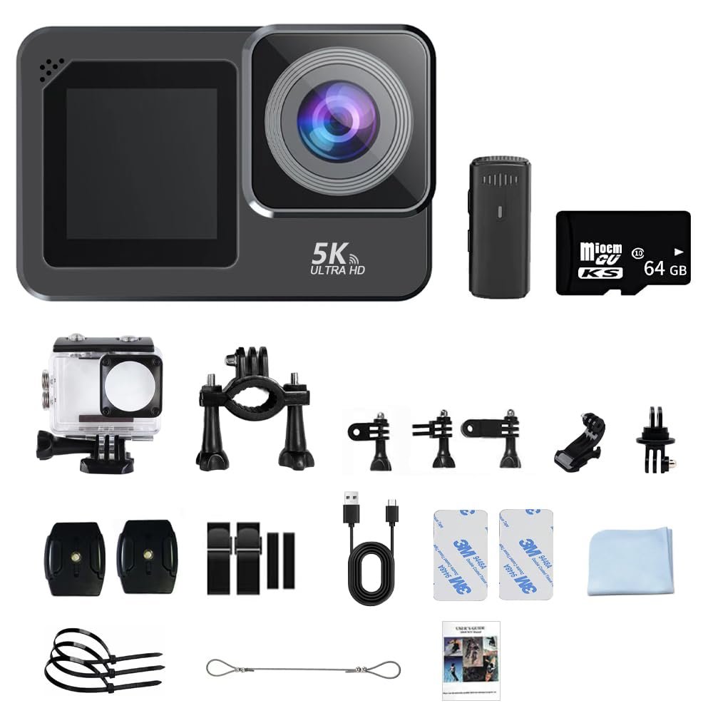 MOJMBSBY 5K 50fps Action Camera 170 Wide Angle 4800p 2.2 HD Touch Home Screen 64GB Card & 50 Piece Accessory Kit Waterproof Underwater