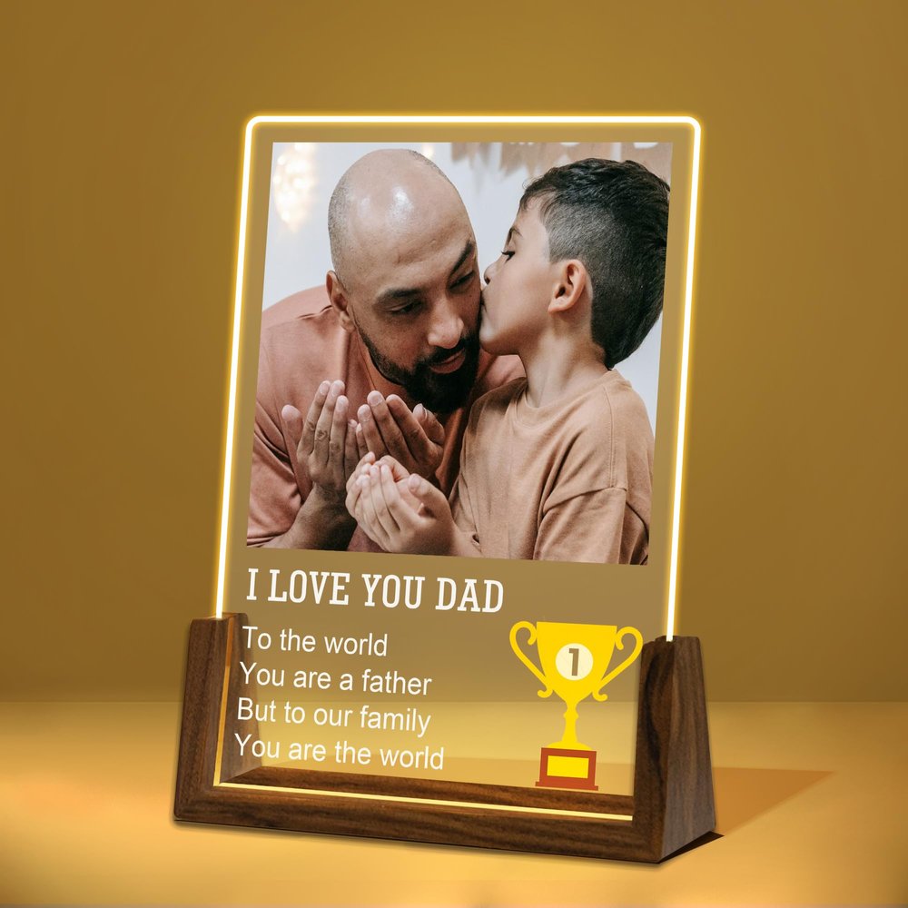 Hetano Fathers Day Best Personalized for Dad Gifts from Daughter Kids Wife, Custom Acrylic Plaque LED Night Light with Sentence 1Photo Picture, Customized Unique Creative Birthday Gift for Husband