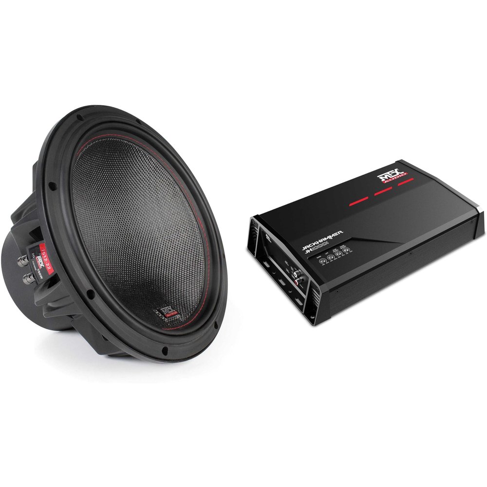 MTX 7512-22 75-Series 12" 750W RMS Dual 2-Ohm Subwoofer, and MTX JH10001 Jackhammer Series 1100W x 1 @ 1-Ohm Class D Mono Block Amplifier