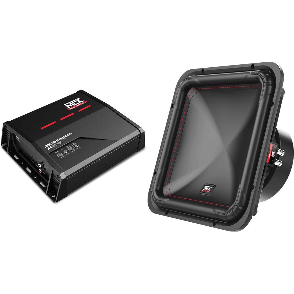 MTX JH5001 Jackhammer Series 500W x 1 @ 1-Ohm Class D Mono Block Amplifier, and MTX S6512-44 S65-Series Square 12" 500W RMS Dual 4-Ohm Subwoofer