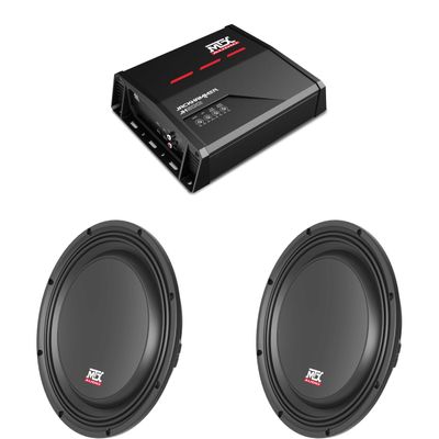 MTX JH5001 Jackhammer Series 500W x 1 @ 1-Ohm Class D Mono Block Amplifier, and (2) MTX 3510-04S 35-Series 10" 300W RMS 4-Ohm Shallow Mount Subwoofer