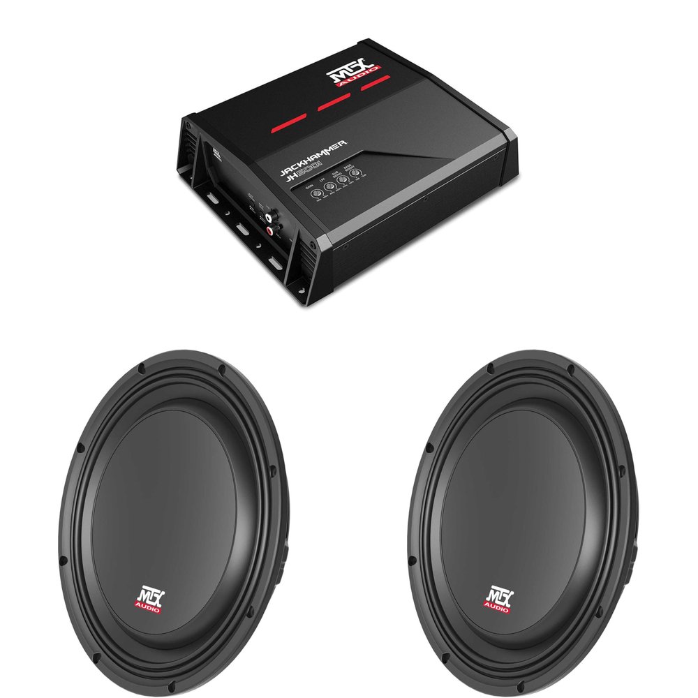 MTX JH5001 Jackhammer Series 500W x 1 @ 1-Ohm Class D Mono Block Amplifier, and (2) MTX 3510-04S 35-Series 10" 300W RMS 4-Ohm Shallow Mount Subwoofer