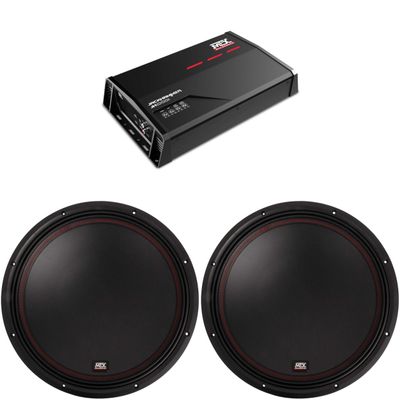 MTX 5515-44 55-Series 15" 400W RMS Dual 4-Ohm Subwoofer (2), and MTX JH10001 Jackhammer Series 1100W x 1 @ 1-Ohm Class D Mono Block Amplifier