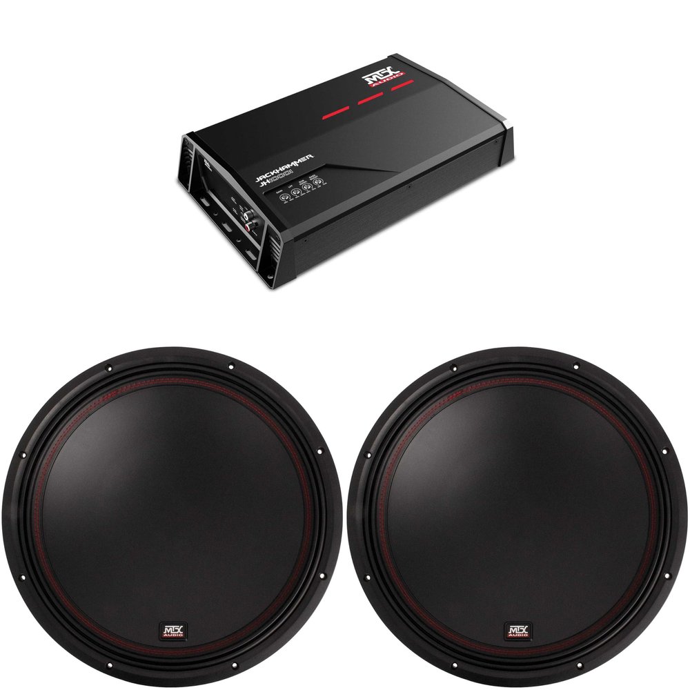 MTX 5515-44 55-Series 15" 400W RMS Dual 4-Ohm Subwoofer (2), and MTX JH10001 Jackhammer Series 1100W x 1 @ 1-Ohm Class D Mono Block Amplifier