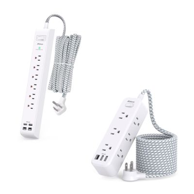 5FT Surge Protector Power Strip with 9 AC Outlets + 10FT Flat Plug Extension Cord with 4 USB Ports