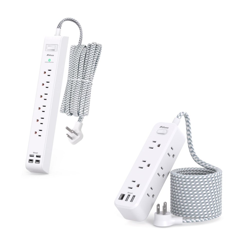 5FT Surge Protector Power Strip with 9 AC Outlets + 10FT Flat Plug Extension Cord with 4 USB Ports