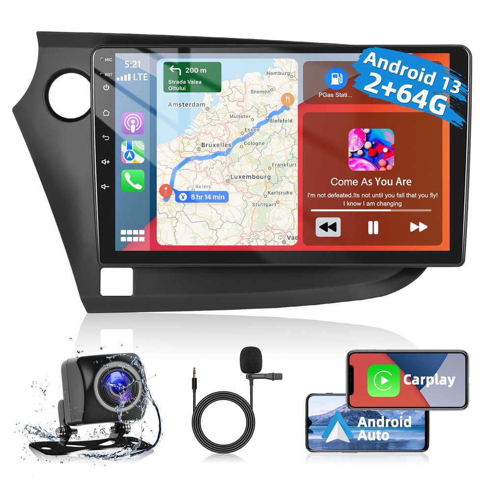 Podofo [2+64G] A-pple CarPlay Car Stereo Radio for Honda Insight 2009-2014, 9 Inch Touch Screen Bluetooth Audio with GPS Navigation Android Auto Mirror Link WiFi RDS Hi-Fi Backup Camera MIC