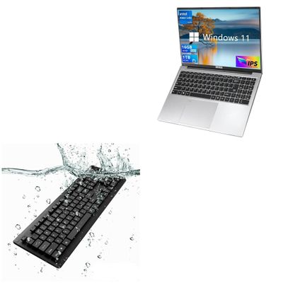 BoxWave Keyboard Compatible with FUNYET DuetBook (16 in) - AquaProof USB Keyboard, Washable Waterproof Water Resistant - Jet Black