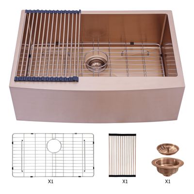 33 Rose Gold Farmhouse Sink - 33 * 21 * 10 Inch Kitchen Sink Stainless Steel 16 Gauge Apron Front Kitchen Sink