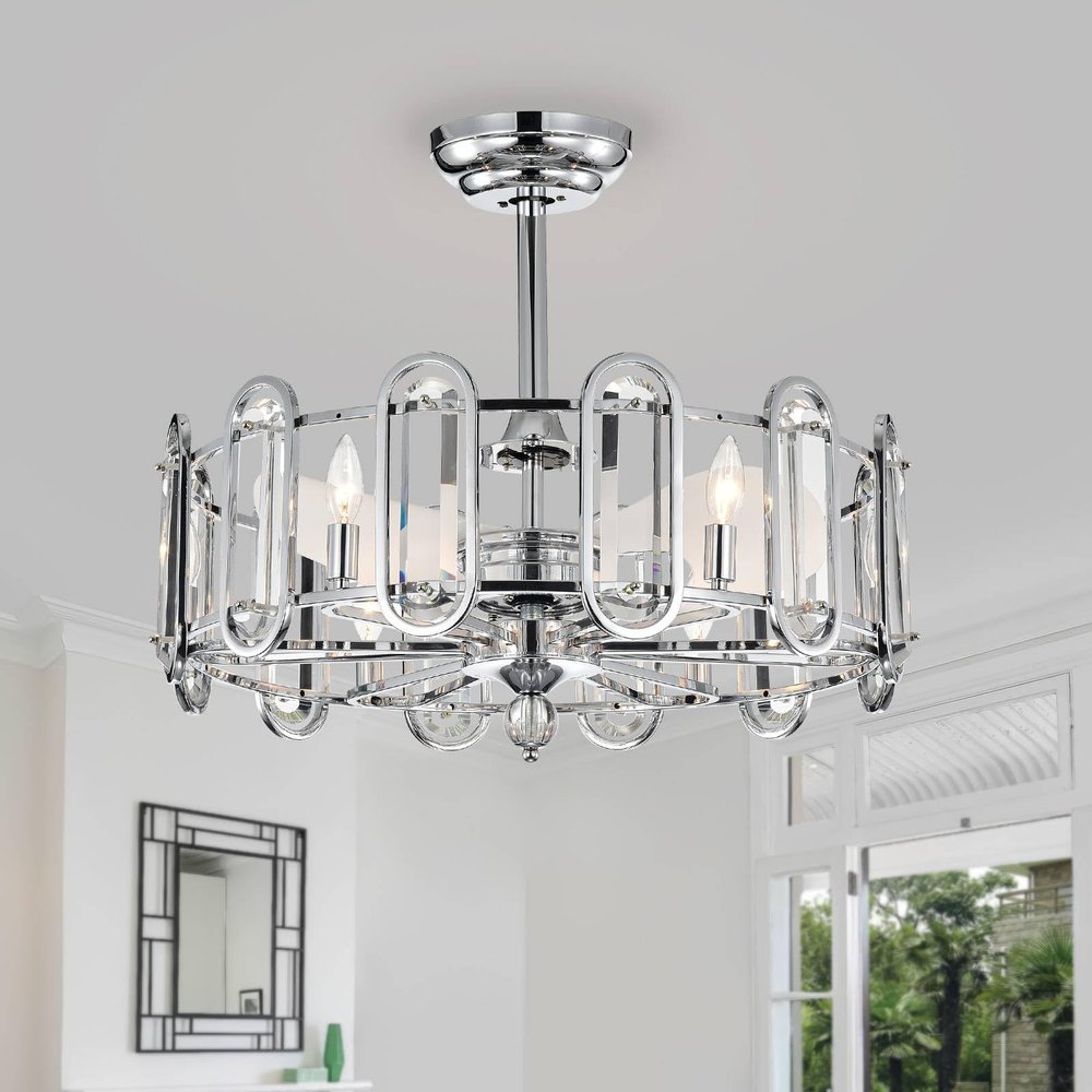 GOWE Dia 26 inch Crystal Chandelier Ceiling Fan Vintage Fandelier Flush Mounted Invisible for Bedroom Dining Room Living Room Kitchen Farmhouse Entry, Chrome