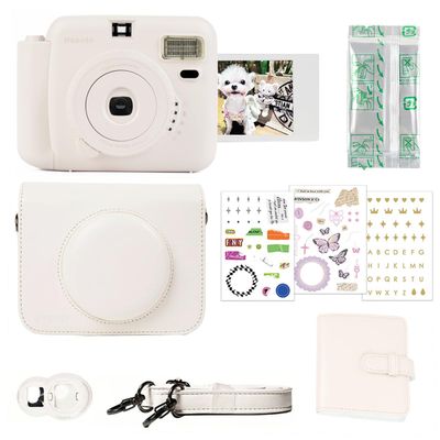 POPOTO Instant Camera with Leather Case, Mini 12 Instant Camera Decoration Stickers, Frames, Photo Album and More Accessory kit - White