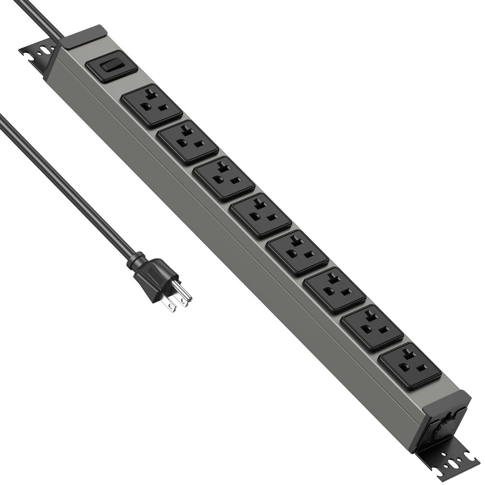 JUNNUJ Heavy Duty Power Strip Wall Mount,Long Power Strip,20 Amp Surge Protector 1200J Metal 8 Outlet Under Desk,Garage Mountable Power Bar Table Socket Industrial Outlets 6-20R T-Slot,6FT 12AWG