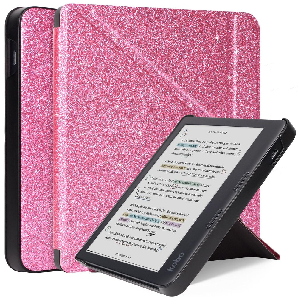 Caweet Case for Kobo Libra Colour 7 Inch 2024 Release, Premium PU Leather Origami Stand Protective Sleeve Cover with Auto Wake/Sleep Feature, Glitter Pink