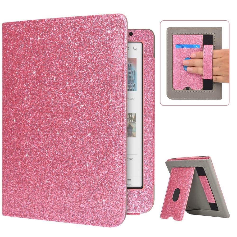 Caweet Case for Kobo Clara Colour/BW 6 Inch 2024 Release, Premium PU Leather Foldable Stand Protective Sleeve Cover with Card Slot and Hand Strap, Glitter Pink
