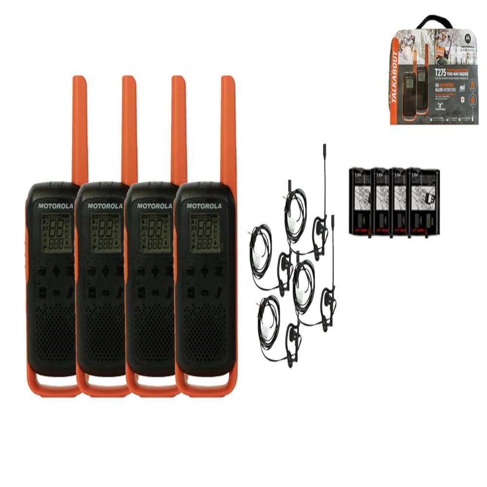 Motorola Solutions Talkabout T275, 4 Pack Walkie Talkies, Portable FRS Two Way Radios, Orange/Black 22 Channels License Free Boom Mic PTT Earpieces