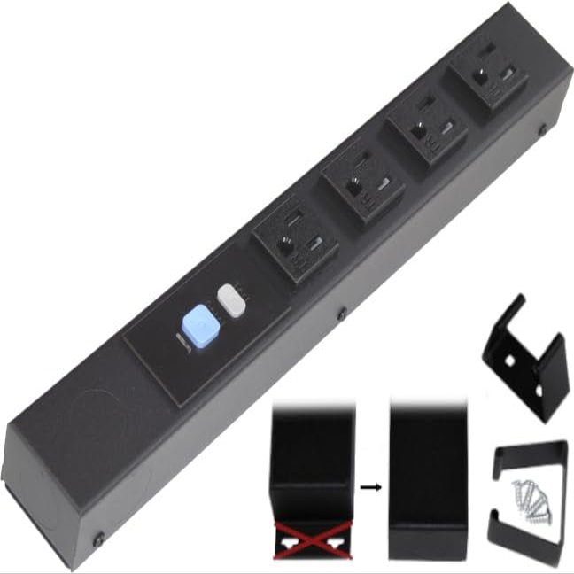12 Hardwired Power Strip (NO Power Cord), 4 Horizontal Tamper Resistant Outlets, NO Ears (Without mounting tabs on Both Ends), 15A (NOT a 20 Amp Unit), ALCI, Black