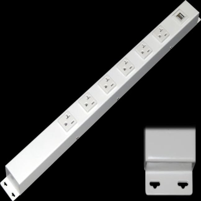 20 Hardwired Power Strip (NO Power Cord), 6 Vertical 20A Outlets (NOT Tamper Resistant), with Ears (with mounting tabs on Both Ends), USB, White