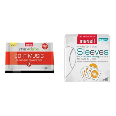 Maxell 50-Pack 625156 CD-R Music Spindle and 100-Pack CD/DVD Storage Sleeve Bundle