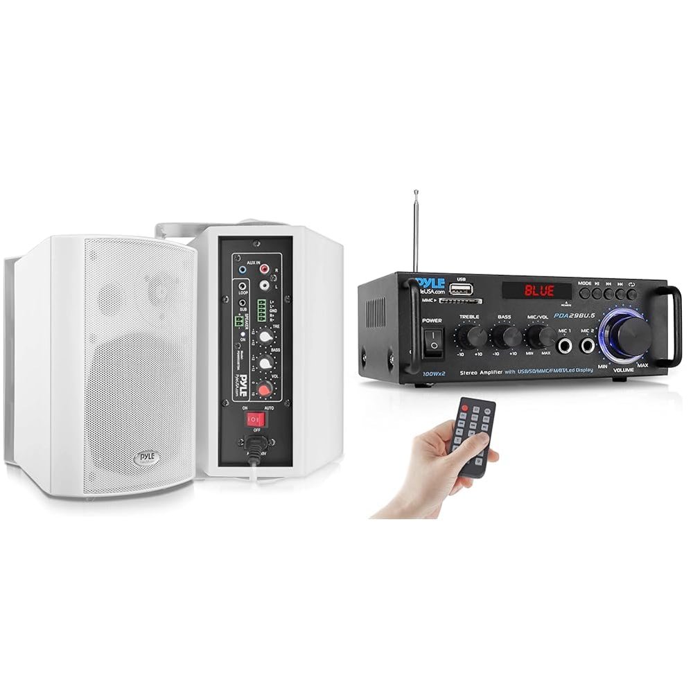 Pyle Wall Mount Home Speaker System with Bluetooth - 300W Active Passive 5.25" Subwoofer 0.5" Tweeter Set & 200W Peak Bluetooth Stereo Power Amplifier with LED Display