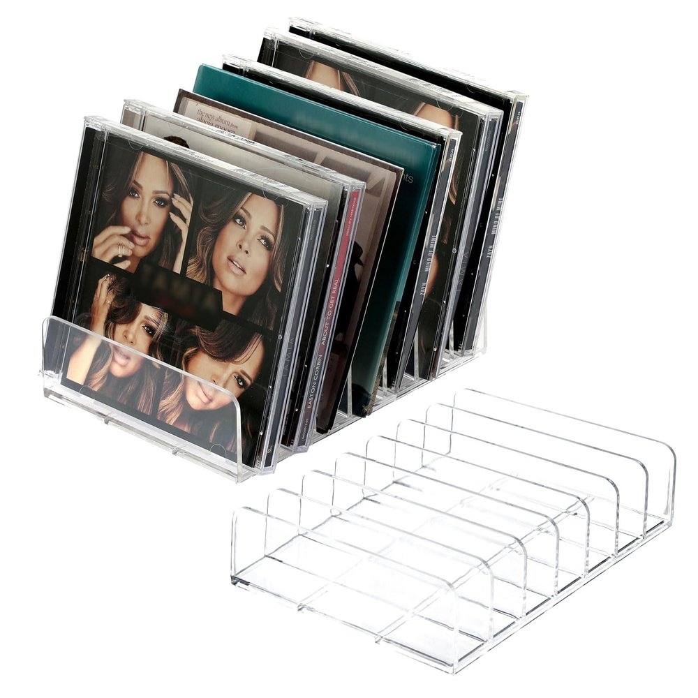 Hipiwe Clear CD Holder - 7 Slot CD Storage Box CD DVD Display Rack Tray Holds up to 14 Standard CD Cases, Tabletop Plastic File Divider for paper Mail Bill Eyeshadow Palette Organizer, 2-Pack