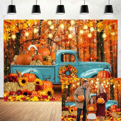 20x10ft Fall Truck Backdrop Autumn Thanksgiving Pumpkin Harvest Maple Leaves Forest Sunflower Decorations Background Hay Maple Leaves Baby Shower Banner Supplies Photo Booth Prop