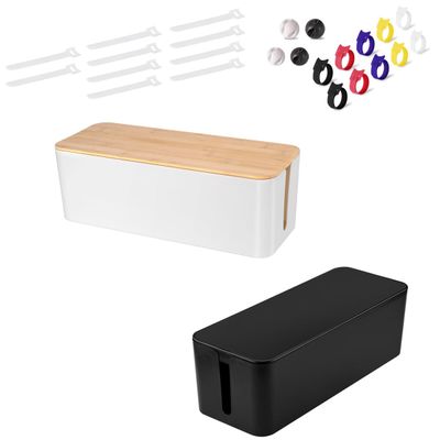 Cable Management Box - White Wooden Style Large Cord Organizer Box to Hide Wires & Black Large Cable Organizer Box